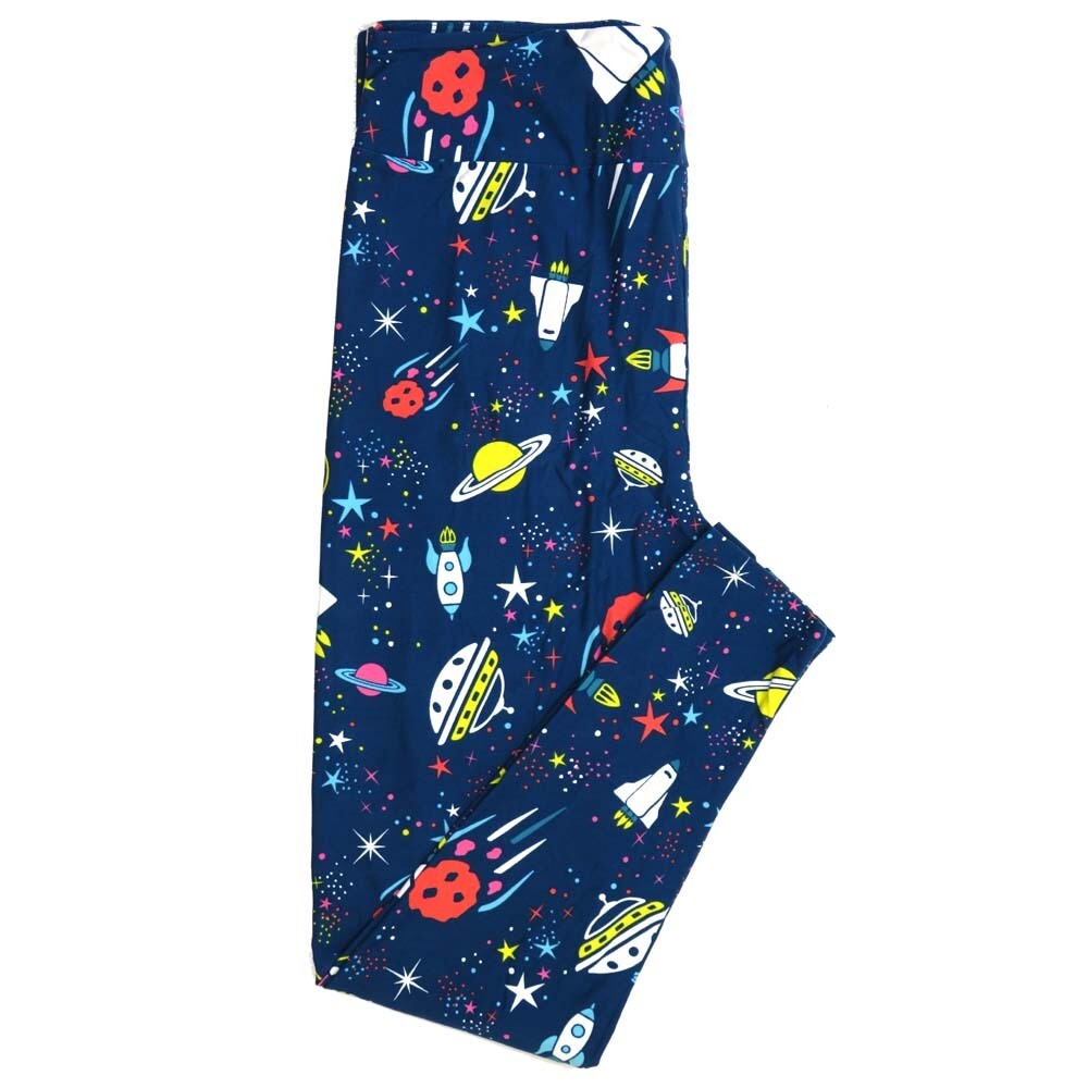 LuLaRoe One Size OS Spaceships UFO Rockets Asteroids Stars Galaxies Slate Blue with White Pink Turquoise and Yellow Polka Dots Buttery Soft Leggings - OS fits Adults 2-10 892387