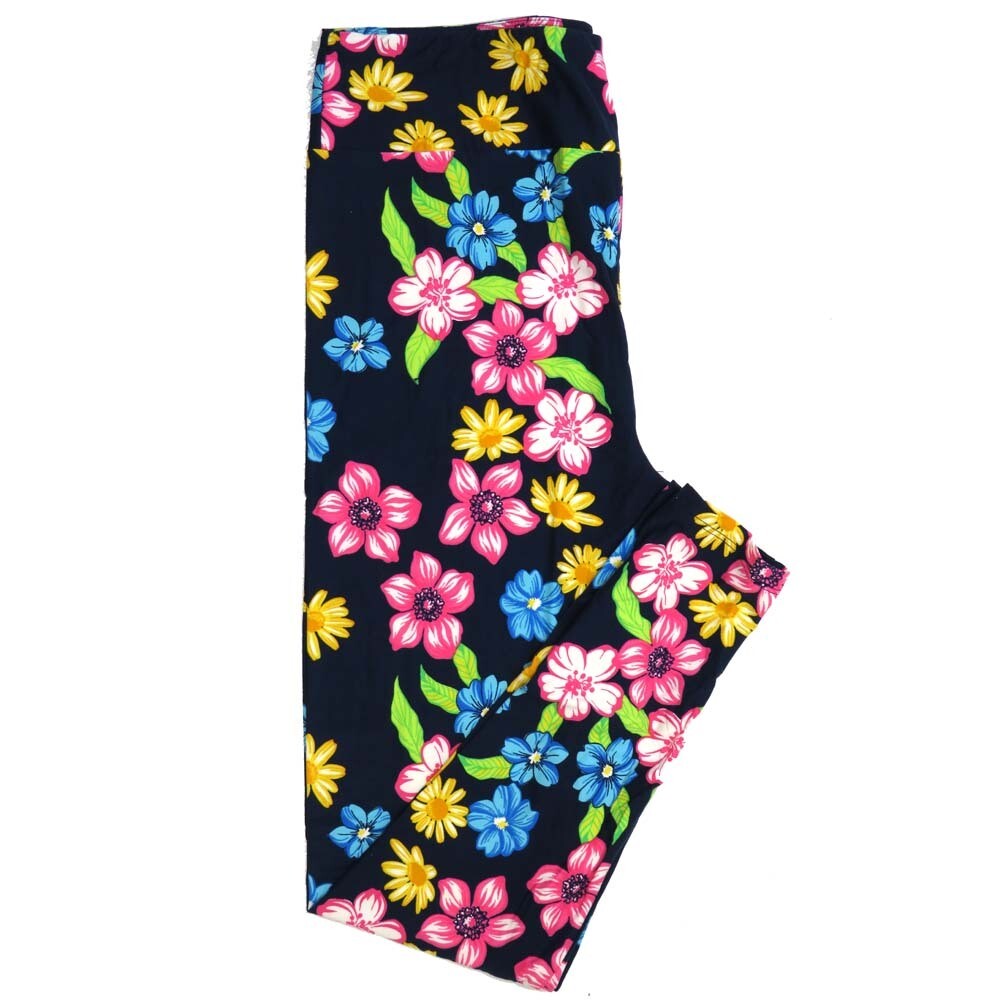 LuLaRoe One Size OS Hibiscus Blooms Flowers Navy Blue with White Pink and Neon Green Buttery Soft Leggings - OS fits Adults 2-10  957872