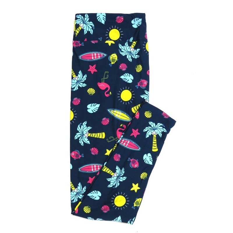 LuLaRoe One Size OS Vacation Life Palm Trees Flamingos Sunshine Starfish Seashells Surfboards Slate Blue with Mint Green Pink White and Yellow Buttery Soft Leggings - OS fits Adults 2-10  885480