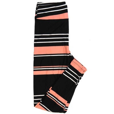 LuLaRoe One Size OS Horizontal Stripes Thick and Thin Black with Pink White and Salmon Buttery Soft Leggings - OS fits Adults 2-10  386115