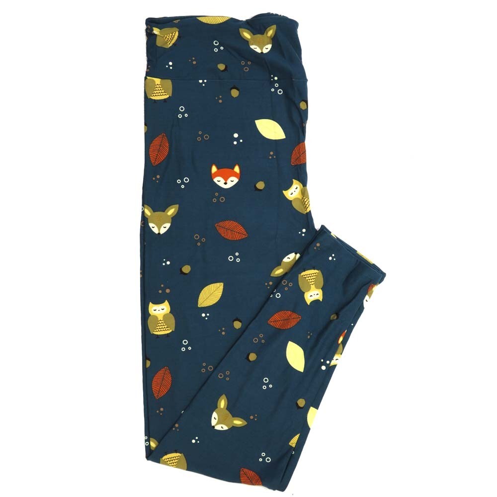 LuLaRoe One Size OS Forest Animals Foxes Owls Acorns Leaves Slate Blue Brown White Black Orange and Yellow with Polka Dots Buttery Soft Leggings - OS fits Adults 2-10 342333