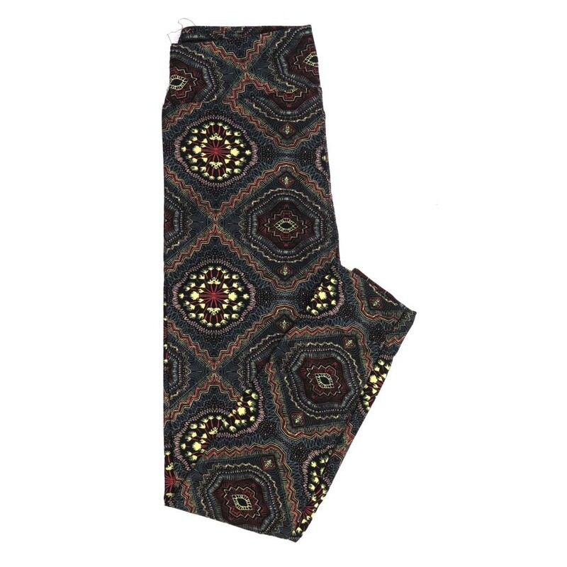 LuLaRoe One Size OS Dandelion Mandalas Gods Eye Pattern Black with Blue Yellow and Red Buttery Soft Leggings - OS fits Adults 2-10  379218