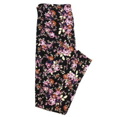 LuLaRoe One Size OS Roses Black with Yellow Brown Purple and Pink Buttery Soft Leggings - OS fits Adults 2-10  483024