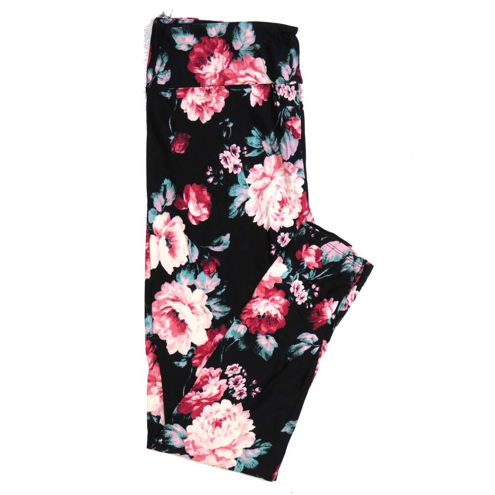 LuLaRoe One Size OS Roses Black with Pink White and Mint Green Buttery Soft Leggings - OS fits Adults 2-10  490921