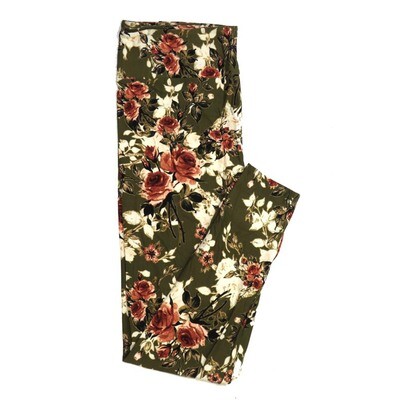 LuLaRoe One Size OS Roses Olive Green with White Pink and Maroon  Buttery Soft Leggings - OS fits Adults 2-10  407828