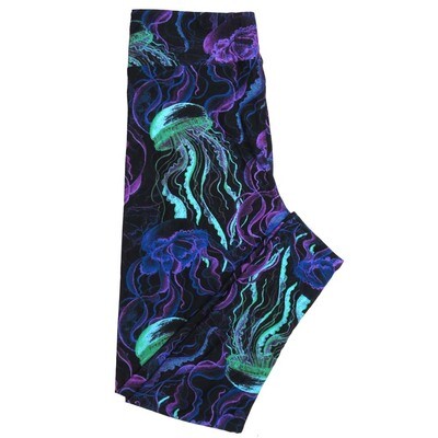 LuLaRoe One Size OS Jellyfish Black with Bright Teal Blue Purple and Mint Green Buttery Soft Leggings - OS fits Adults 2-10  414725