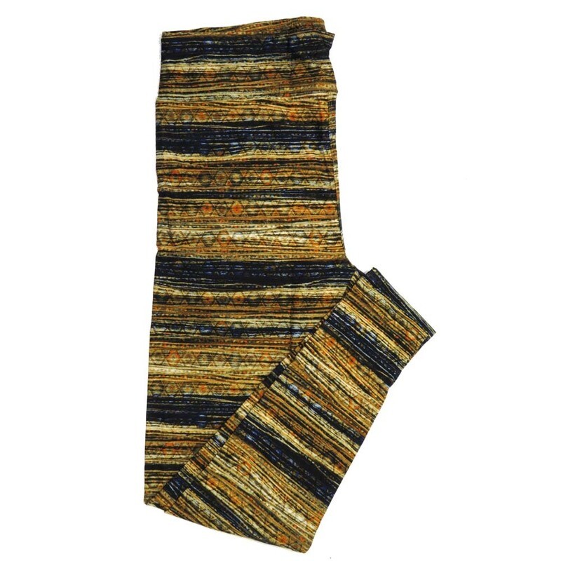 LuLaRoe One Size OS  Horizontal Stripes with Subtle Hexagon Pattern Multi-color with Blue Tan and Brown Buttery Soft Leggings - OS fits Adults 2-10  445426