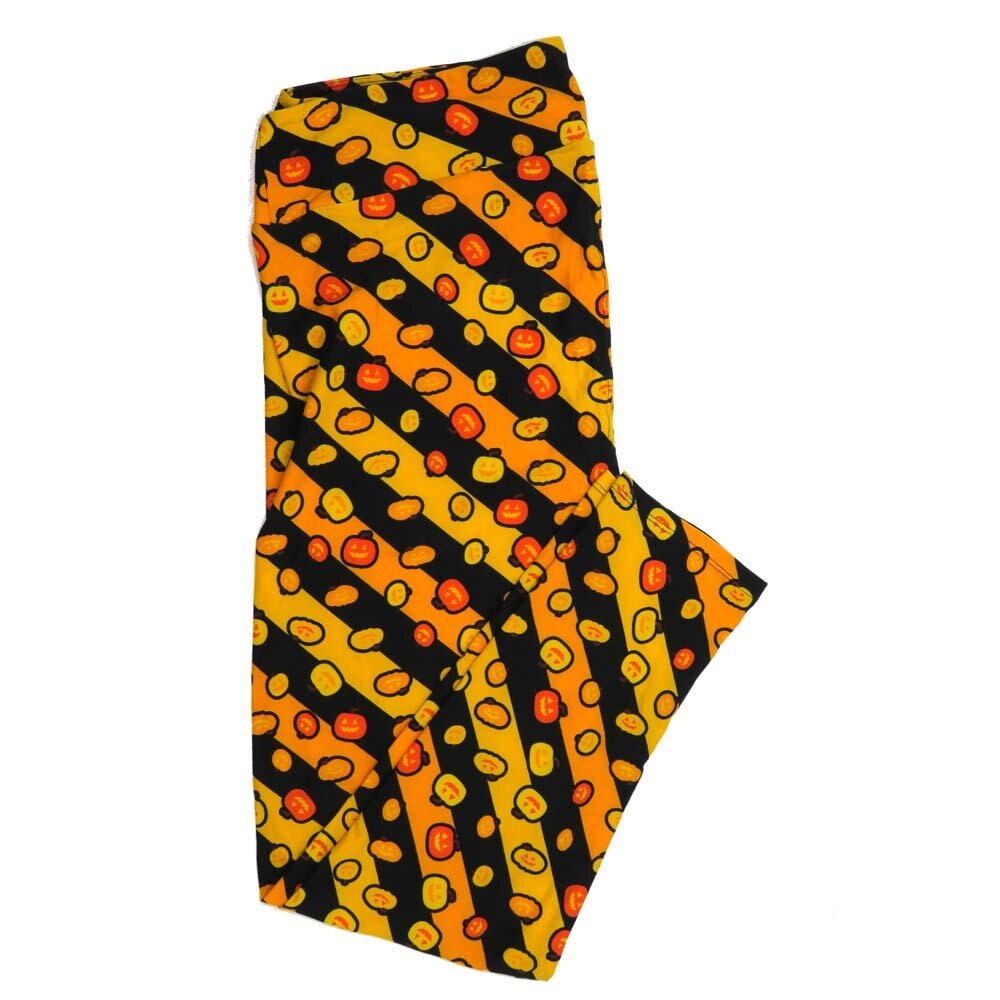 LuLaRoe TCTWO TC2 Halloween Pumpkins Jack O Lanterns Diagonal Stripes Black Orange Yellow TCTWO-9051-P Buttery Soft Womens Leggings fits Adults sizes 18-26