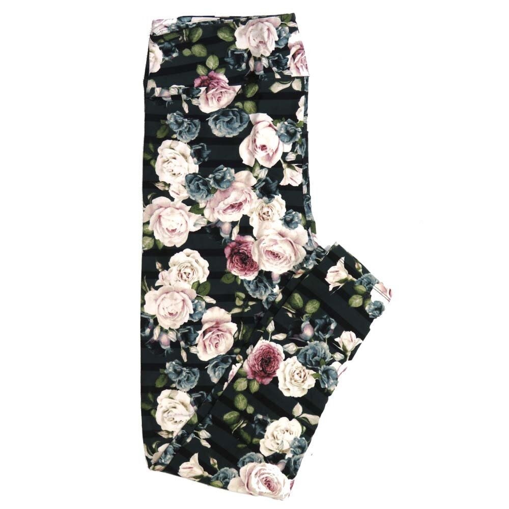 LuLaRoe Tall Curvy TC Roses with Stripes Black Gray White Pink TC-7069-S Buttery Soft Leggings fits Adults 12-18