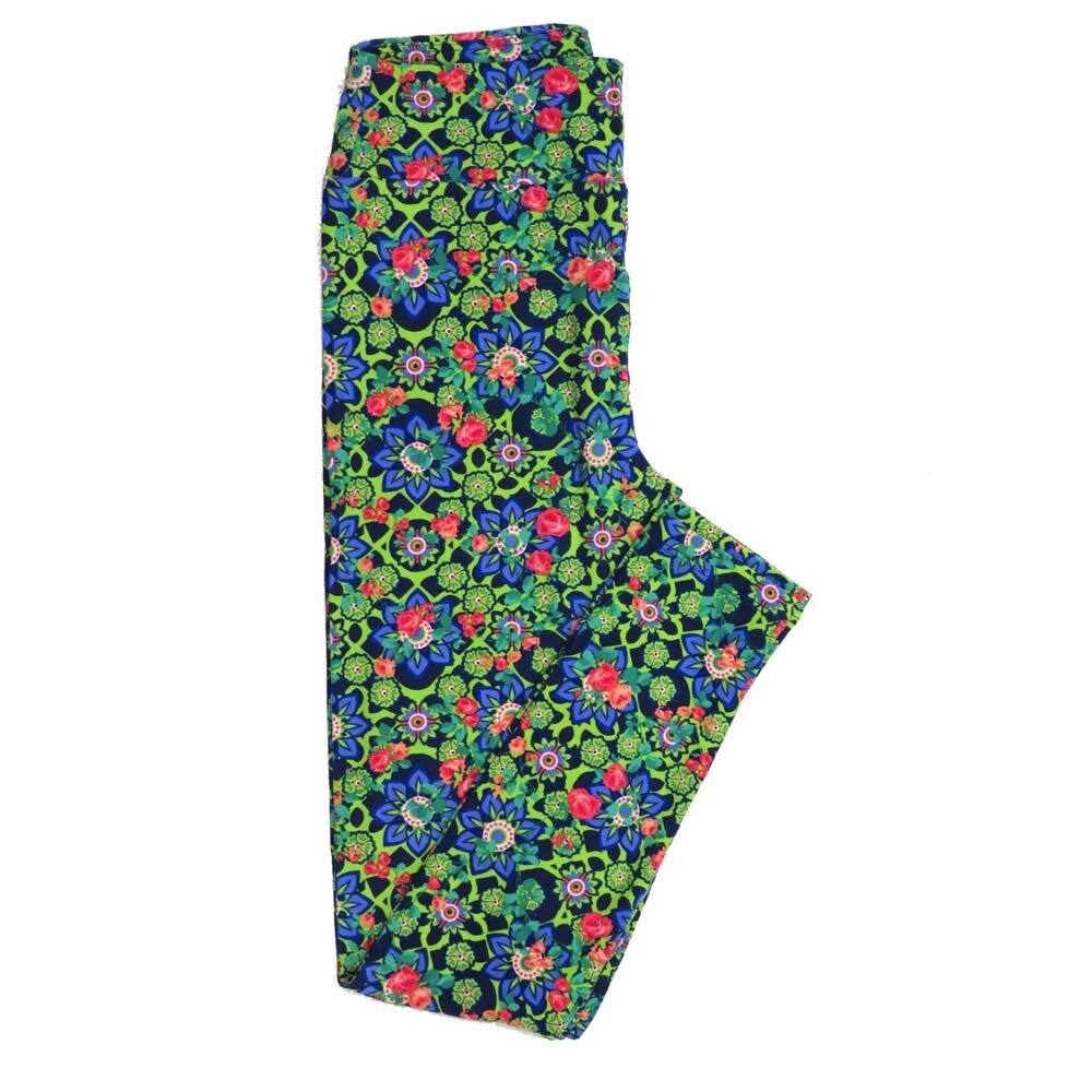 LuLaRoe One Size OS Mandalas Floral Blue Green Pink White OS-4398-ZD2 Buttery Soft Leggings fits Adults 2-10
