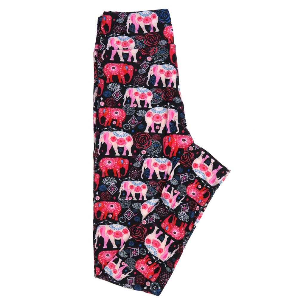 LuLaRoe One Size OS Elephants Ornately Adorned Mandala Floral Black White Pink Red OS-4398-D Buttery Soft Leggings fits Adults 2-10