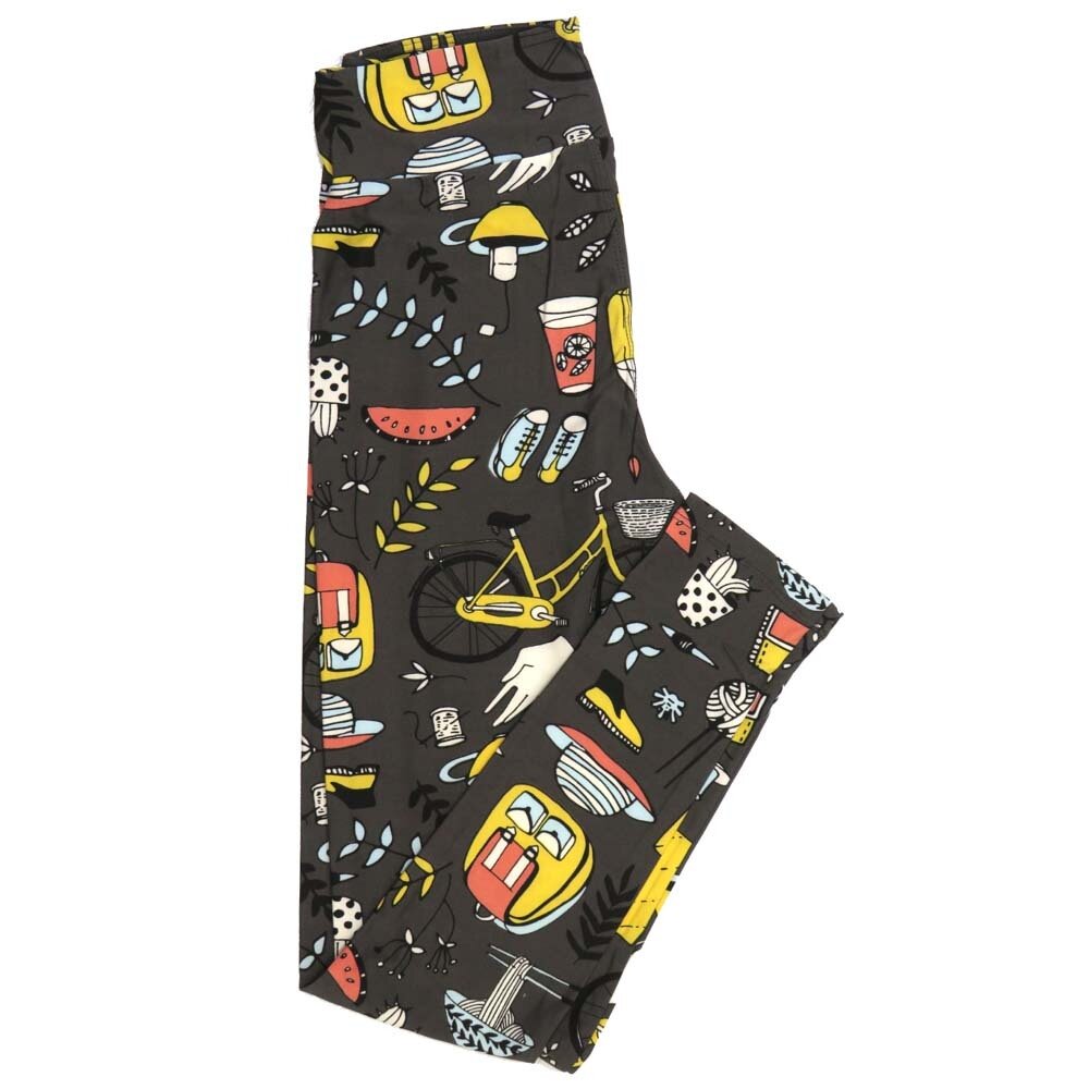 LuLaRoe One Size OS Hobbies Leisure Life Camping Sewing hiking Bowling Eating Green Black White Yellow OS-4398-B Buttery Soft Leggings fits Adults 2-10