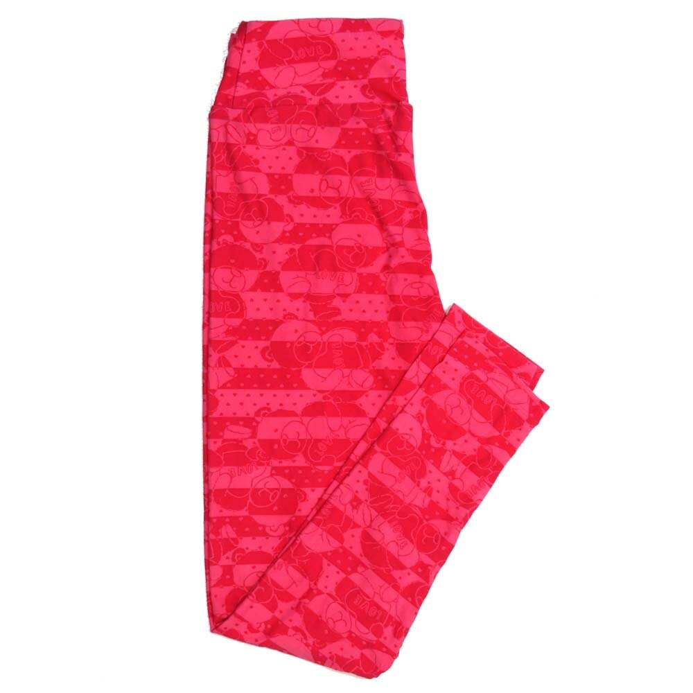 LuLaRoe One Size OS Valentines Teddy Bear holding LOVE Heart Polka Dor Red Pink Stripe OS-4397-X Buttery Soft Leggings fits Adults 2-10