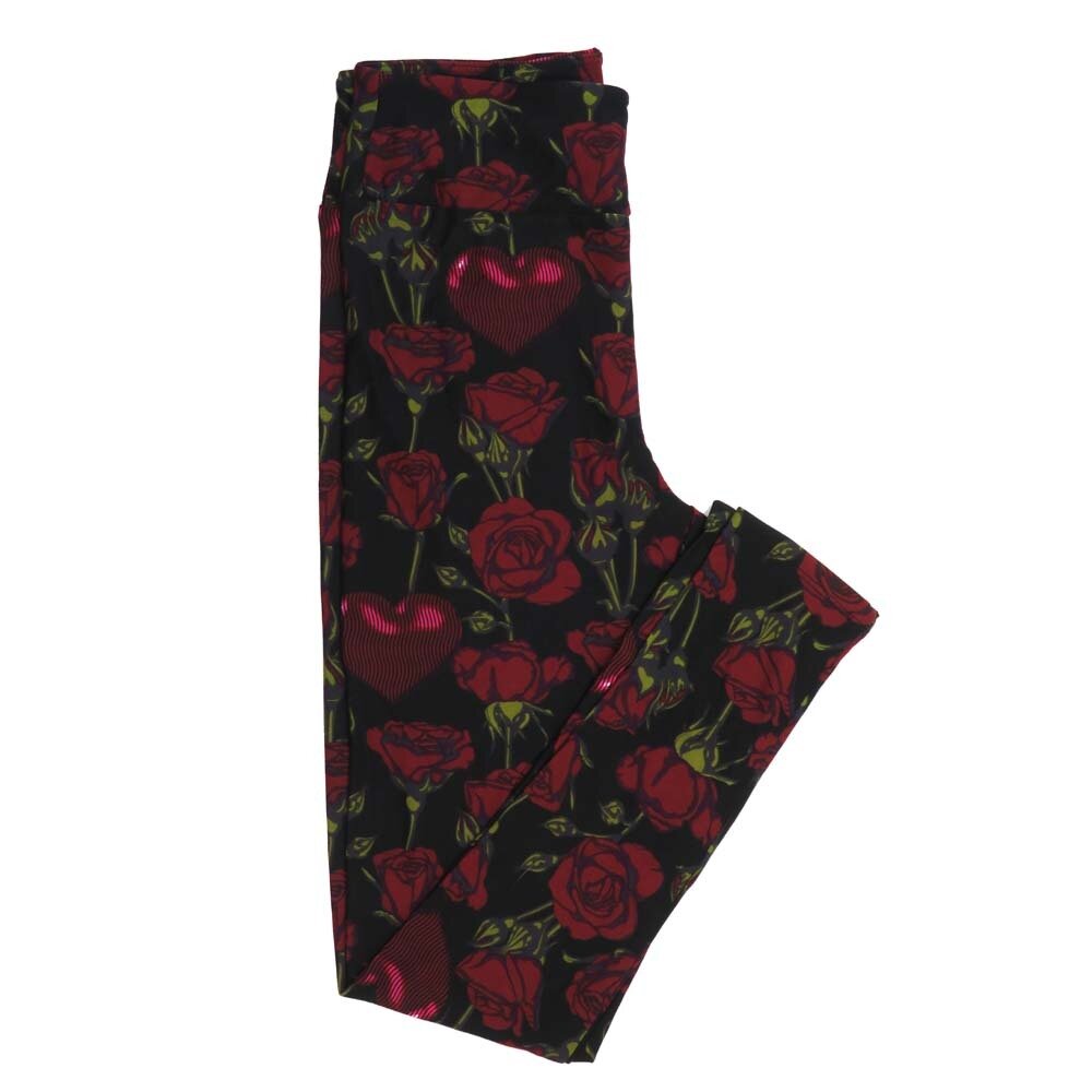 LuLaRoe One Size OS Valentines Roses and Striped Hearts Black Red OS-4397-R Buttery Soft Leggings fits Adults 2-10