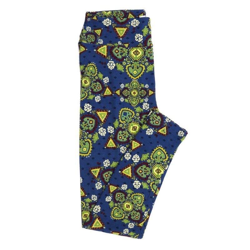 LuLaRoe One Size OS Mandalas Geometric Blue Green Yellow OS-4397-C Buttery Soft Leggings fits Adults 2-10