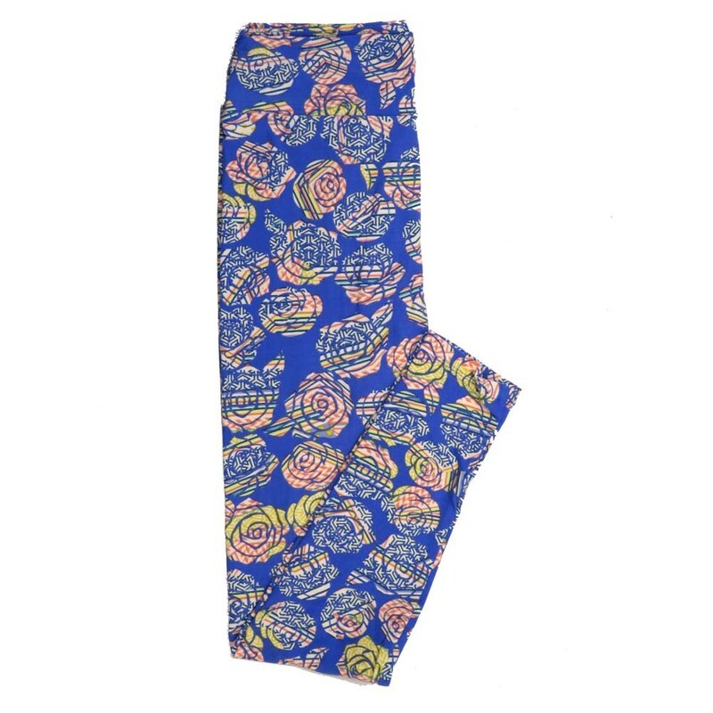 LuLaRoe One Size OS Roses Stripe Blue OS-4399-B2 Buttery Soft Leggings fits Adults 2-10