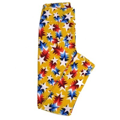 LuLaRoe One Size OS Americana USA Shooting Stars Yellow Red White Blue OS-4397-ZC Buttery Soft Leggings fits Adults 2-10
