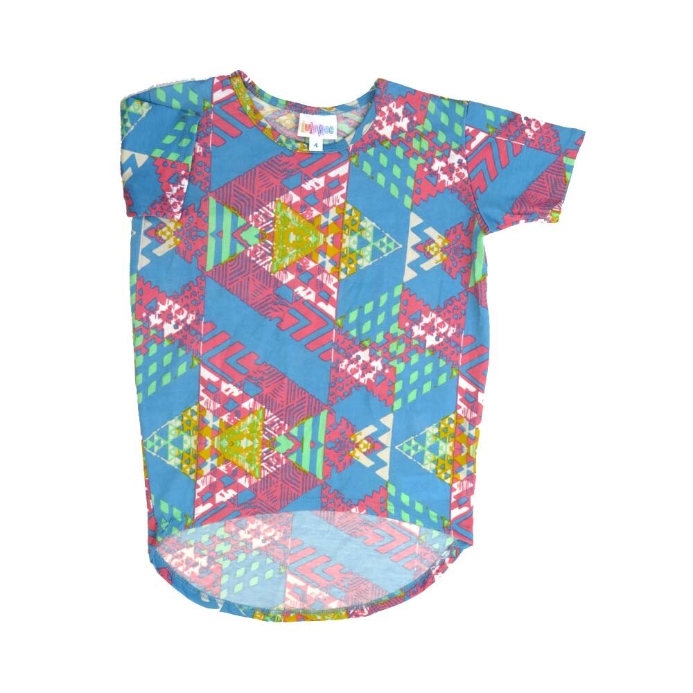 LuLaRoe Kids Gracie Size 04 (fits Unisex Kids 4-6) Geometric Zig Zag Diamonds Blue White Yellow Unisex Short Sleeve Top  GRACIE-04-A