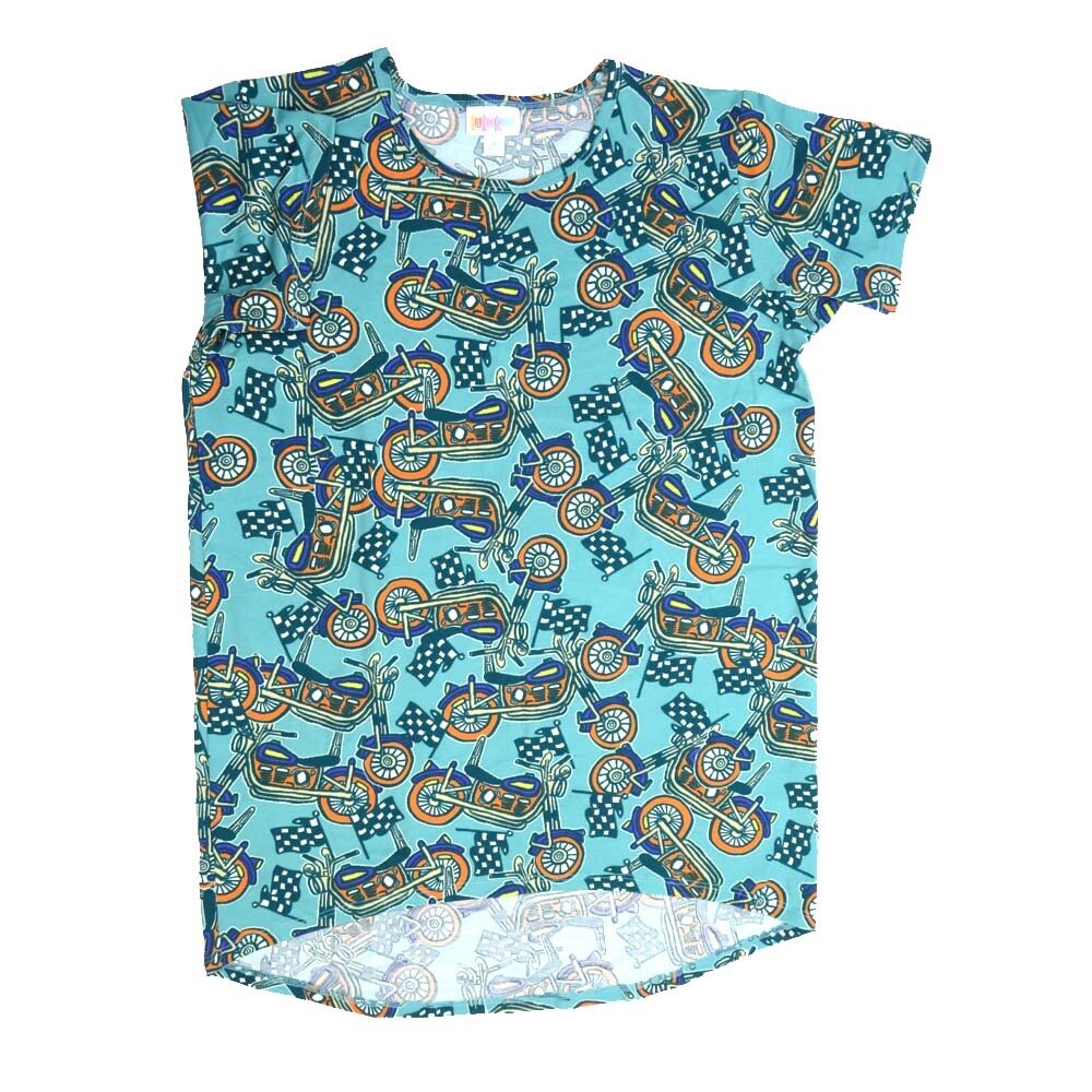 LuLaRoe Kids Gracie Size 14 (fits Unisex Kids 14-16) Americana USA Motorcycle Checkered Flag Gray Blue White Black Unisex Short Sleeve Top  GRACIE-14-P