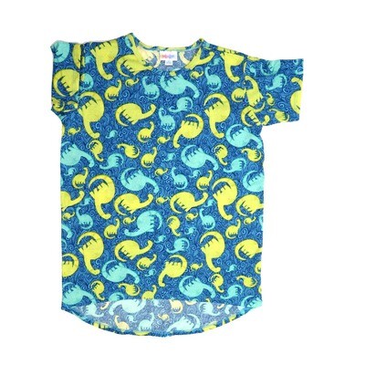 LuLaRoe Kids Gracie Size 12 (fits Unisex Kids 12-14) Dinosaurs Curly Cues Blue Yellow Mint Green Unisex Short Sleeve Top GRACIE-12-I