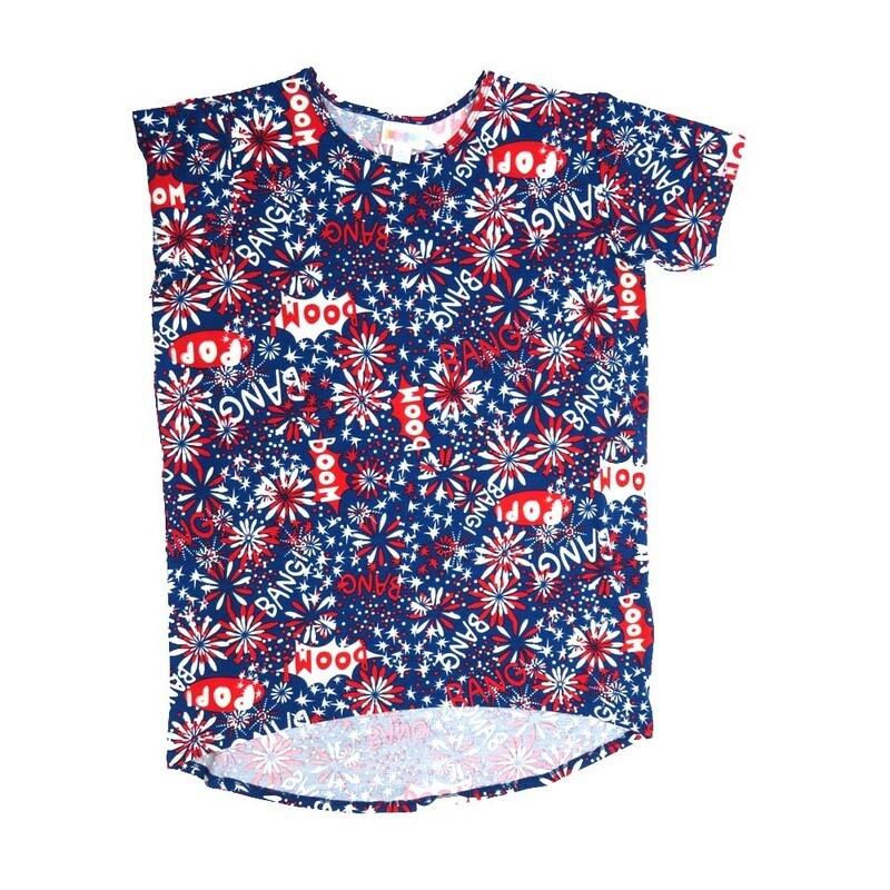 LuLaRoe Kids Gracie Size 12 (fits Unisex Kids 12-14) Americana USA Fireworks BANG POP BOOM Blue Red White Black Unisex Short Sleeve Top GRACIE-12-G LuLaRoe Kids Gracie Size 12 (fits Unisex Kids 12-14) Americana USA Fireworks BANG POP BOOM Blue Red White Black Unisex Short Sleeve Top GRACIE-12-G