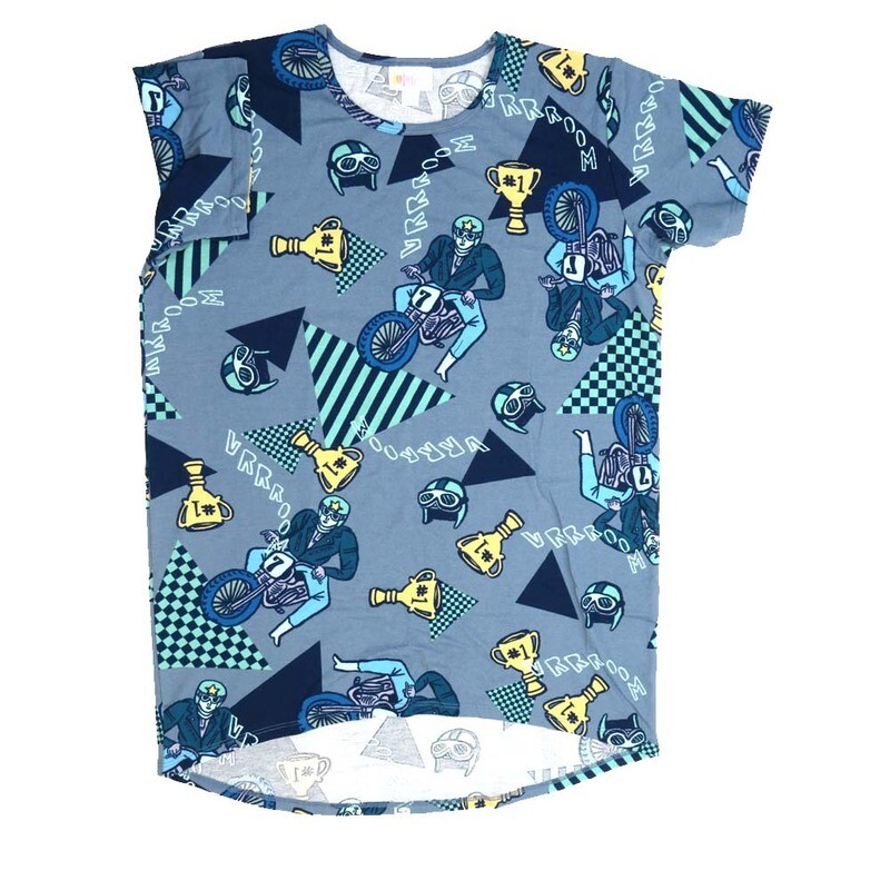 LuLaRoe Kids Gracie Size 14 (fits Unisex Kids 14-16) Americana USA Vroom Motorcycle Helmet Trophy Checkered Flag Gray Blue White Black Unisex Short Sleeve Top GRACIE-14-O LuLaRoe Kids Gracie Size 14 (fits Unisex Kids 14-16) Americana USA Vroom Motorcycle Helmet Trophy Checkered Flag Gray Blue White Black Unisex Short Sleeve Top GRACIE-14-O