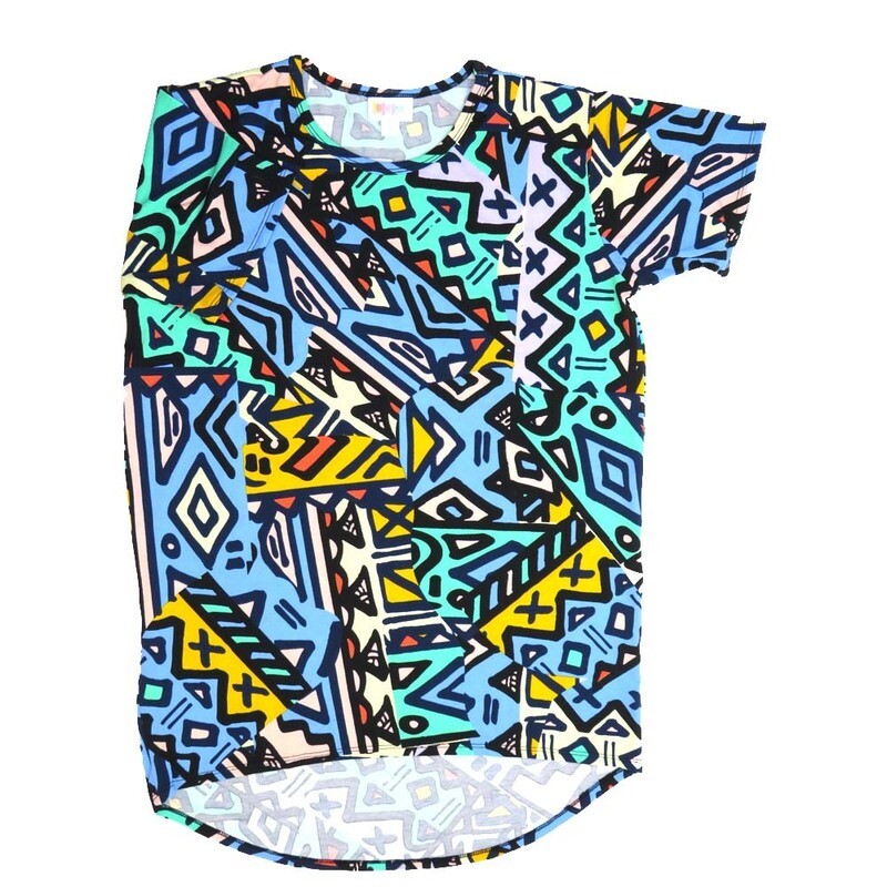 LuLaRoe Kids Gracie Size 14 (fits Unisex Kids 14-16) Geometric Blue White Yellow Black Unisex Short Sleeve Top  GRACIE-14-A2
