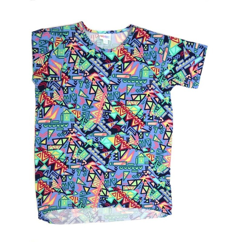 LuLaRoe Kids Gracie Size 14 (fits Unisex Kids 14-16) Geometric Blue White Yellow Black Unisex Short Sleeve Top  GRACIE-14-M