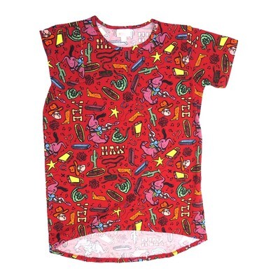 LuLaRoe Kids Gracie Size 14 (fits Unisex Kids 14-16) Western Rodeo Cowboy Spurs Boots Cactus Snakes Harmonicas Red Yellow Gray Black Unisex Short Sleeve Top GRACIE-14-I