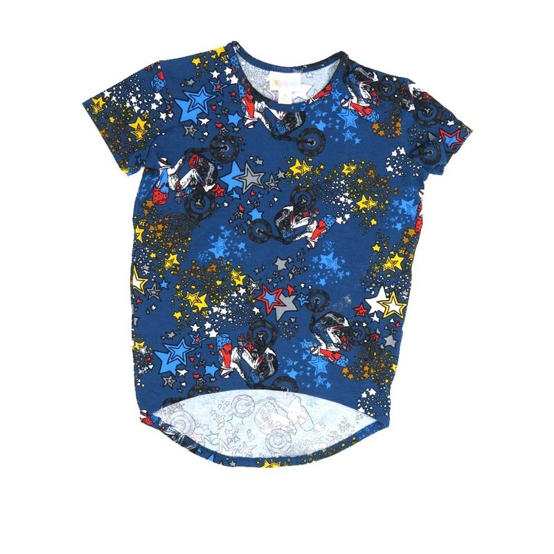 LuLaRoe Kids Gracie Size 04 (fits Unisex Kids 4-6) Americana USA Stars Motorcycle Wheelie Blue Black Red White Yellow Unisex Short Sleeve Top GRACIE-04-E LuLaRoe Kids Gracie Size 04 (fits Unisex Kids 4-6) Americana USA Stars Motorcycle Wheelie Blue Black Red White Yellow Unisex Short Sleeve Top GRACIE-04-E