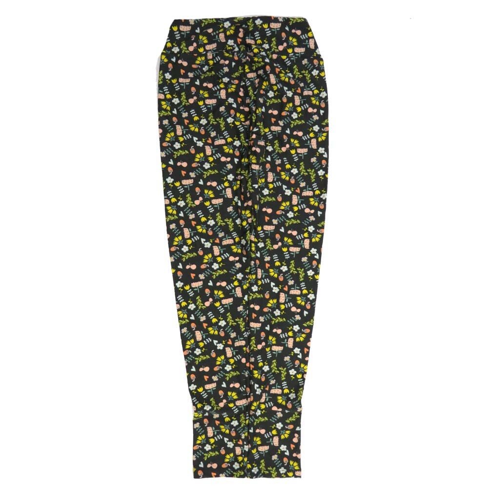 LuLaRoe One Size OS Floral Tulips Forget-Me-Not Black White Yellow Green OS-4419-P  Buttery Soft Womens Leggings fits Adults 2-10