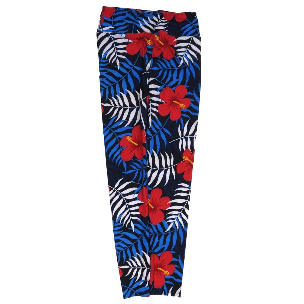 LuLaRoe One Size OS Hibiscus Flower Blue Red White Black OS-4421-D  Buttery Soft Womens Leggings fits Adults 2-10