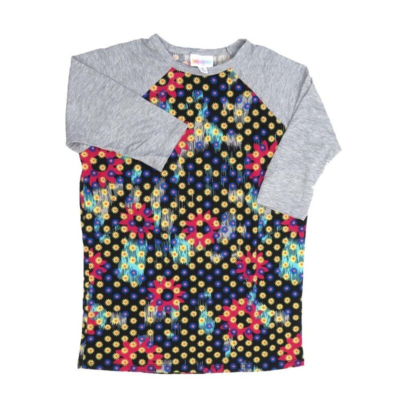 LuLaRoe Kids Sloan Size 10 (fits 8-10) Daisy Polka Dot Black Purple Yellow with Light Gray Sleeves Unisex Baseball Raglan Tee SLOAN-10-H