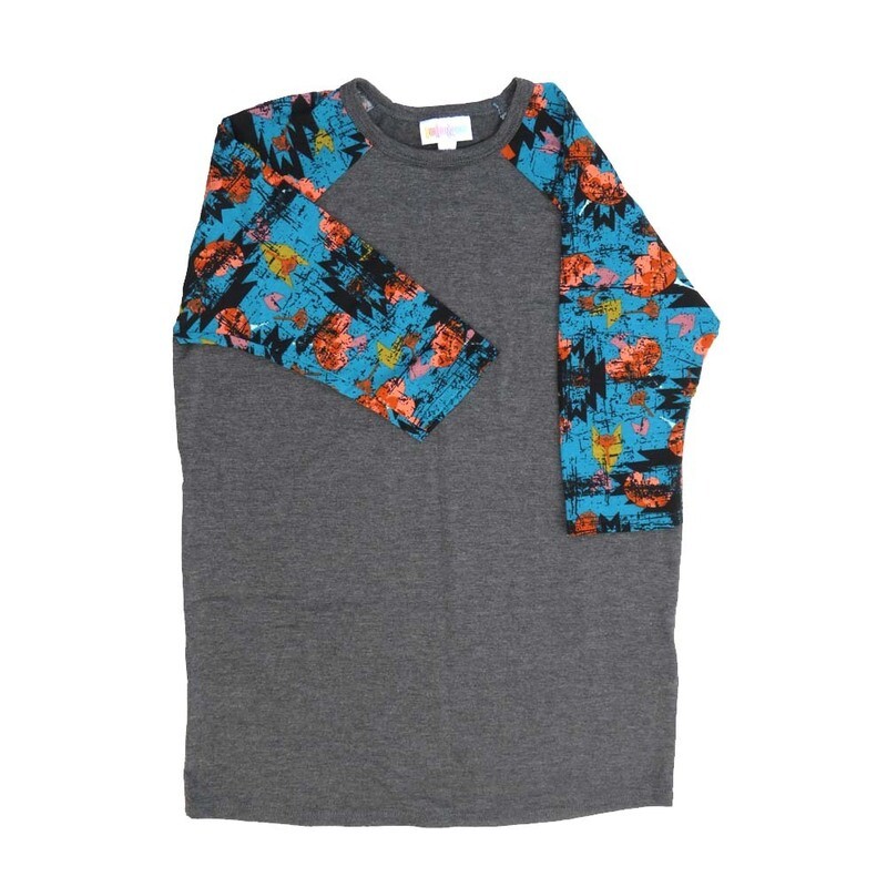 LuLaRoe Kids Sloan Size 10 (fits 8-10) Solid Gray with Geometric Black Blue Green Sleeves Unisex Baseball Raglan Tee SLOAN-10-I