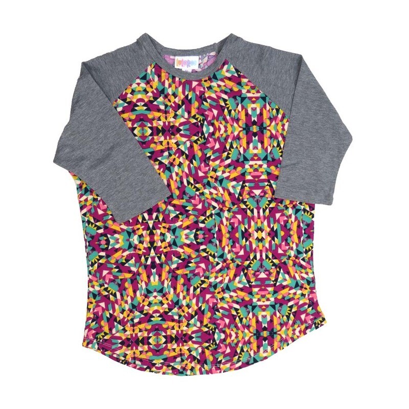 LuLaRoe Kids Sloan Size 10 (fits 8-10) Trippy Psychedelic Multicolor with Gray Sleeves Unisex Baseball Raglan Tee SLOAN-10-E