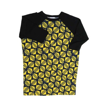 LuLaRoe Kids Sloan Size 12 (fits 12-14) Geometric Navy Yellow with Black Sleeves Unisex Baseball Raglan Tee SLOAN-12-F