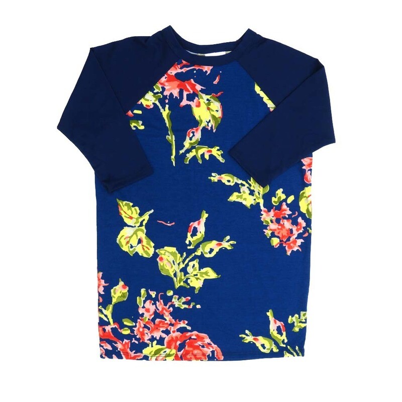 LuLaRoe Kids Sloan Size 12 (fits 12-14) Floral Blue Yellow with Navy Sleeves Unisex Baseball Raglan Tee SLOAN-12-H