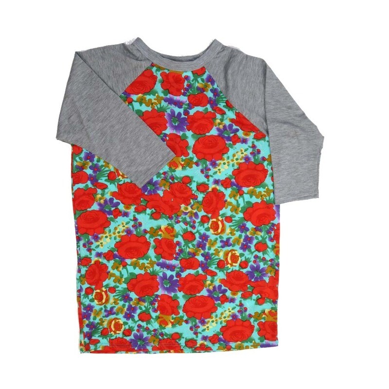 LuLaRoe Kids Sloan Size 12 (fits 12-14) Roses Red Purple White with Gray Sleeves Unisex Baseball Raglan Tee SLOAN-12-A