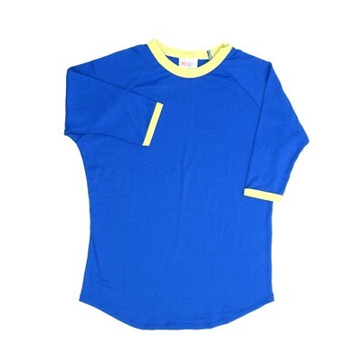 LuLaRoe Kids Sloan Size 12 (fits 12-14) Solid Blue with Yellow Trim Unisex Baseball Raglan Tee SLOAN-12-B