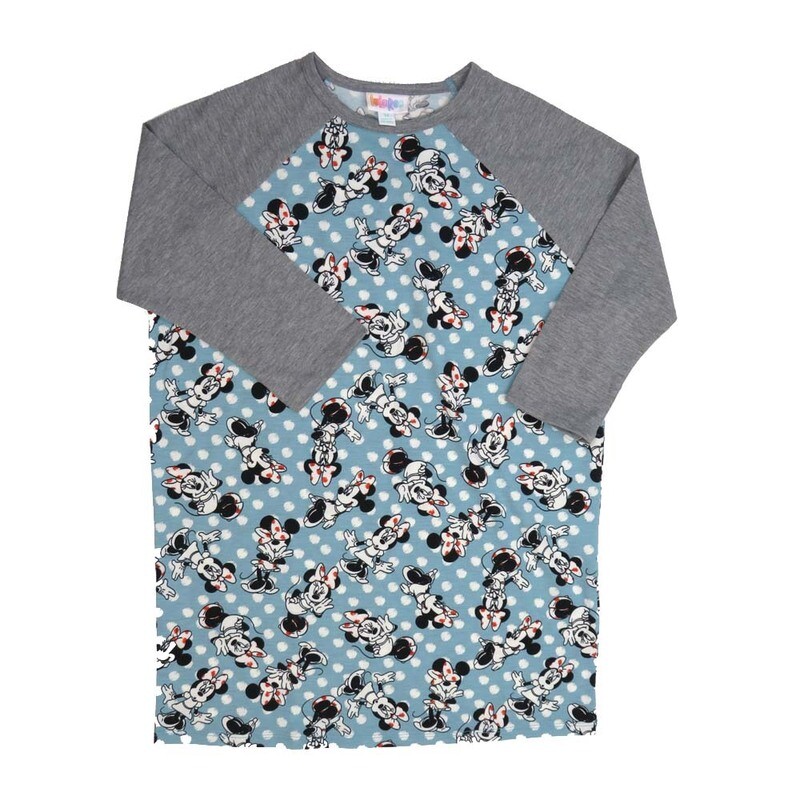 LuLaRoe Kids Sloan Size 14 (fits 14-16) Disney Minnie Mouse Polka Dot with Gray Sleeves Unisex Baseball Raglan Tee SLOAN-14-H