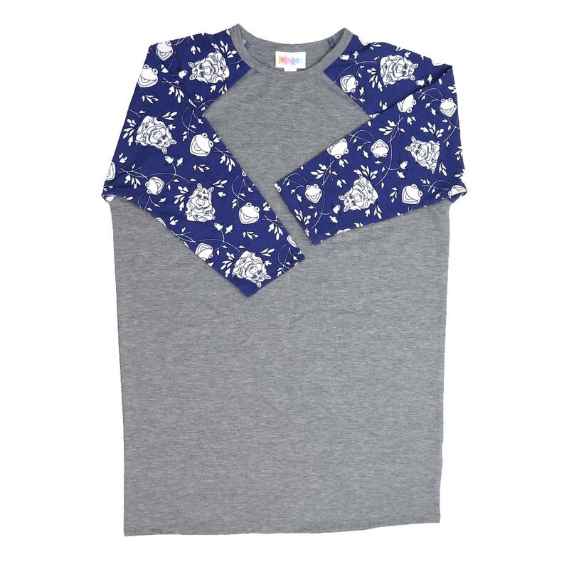 LuLaRoe Kids Sloan Size 14 (fits 14-16) Disney Solid Gray with Kermit Missy Piggy sleeves Unisex Baseball Raglan Tee SLOAN-14-A