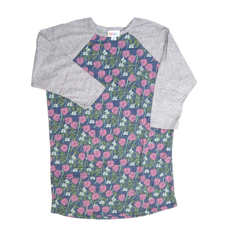 LuLaRoe Kids Sloan Size 14 (fits 14-16) Roses Blue Green White with Light Gray Sleeves Unisex Baseball Raglan Tee SLOAN-14-K