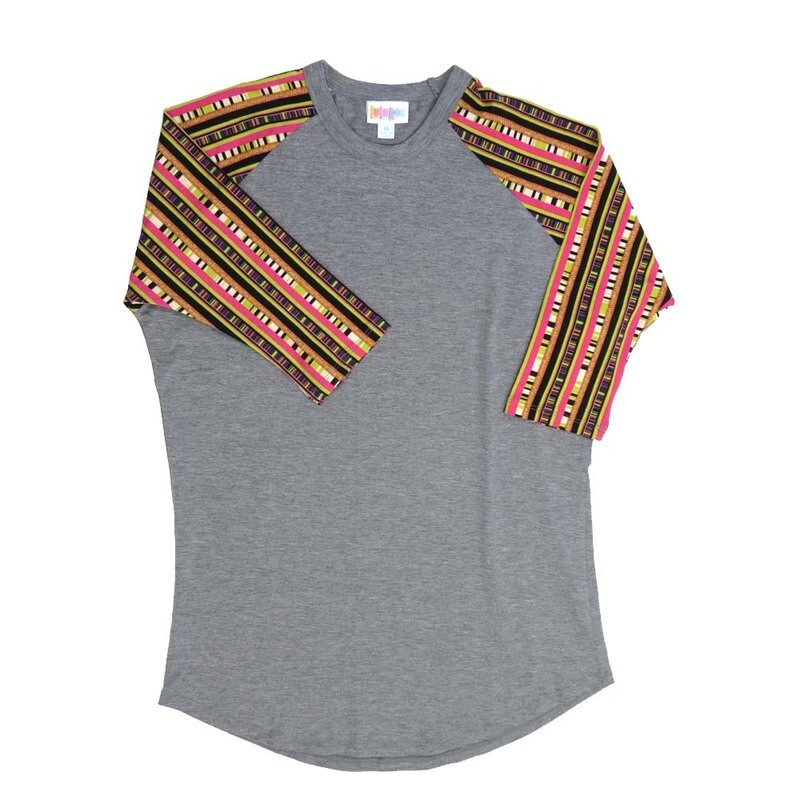LuLaRoe Kids Sloan Size 14 (fits 14-16) Solid Gray with Segemented Stripe Sleeves Unisex Baseball Raglan Tee SLOAN-14-F