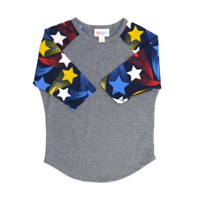 LuLaRoe Kids Sloan Size 02 (fits 2-4) Solid Gray and Blue Sleeves with Stars White Yellow Red Unisex Baseball Raglan Tee SLOAN-02-B