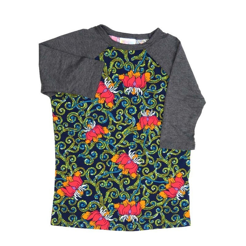 LuLaRoe Kids Sloan Size 06 (fits 5-6) Floral Vines Dark Blue Pink Green White with Dark Gray Sleeves Unisex Baseball Raglan Tee SLOAN-06-C