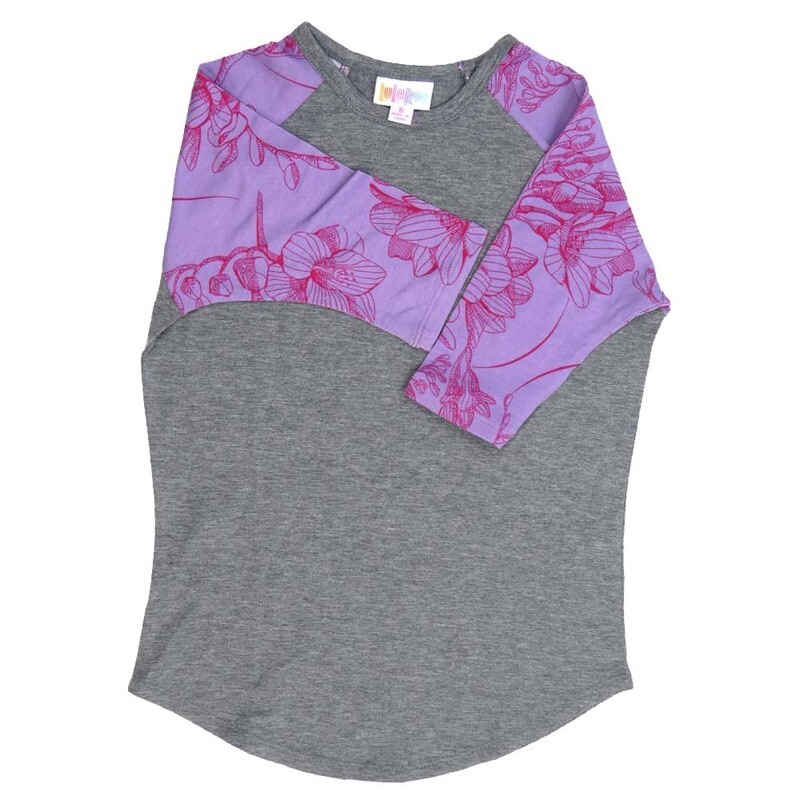 LuLaRoe Kids Sloan Size 06 (fits 5-6) Solid Gray with Orchids of Purple of Sleeves Unisex Baseball Raglan Tee SLOAN-06-H
