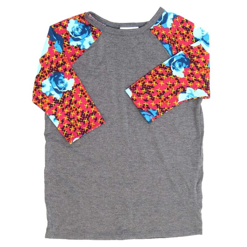 LuLaRoe Kids Sloan Size 06 (fits 5-6) Solid Gray with Roses Geometric Purple Pink White Yellow on Sleeves Unisex Baseball Raglan Tee SLOAN-06-A