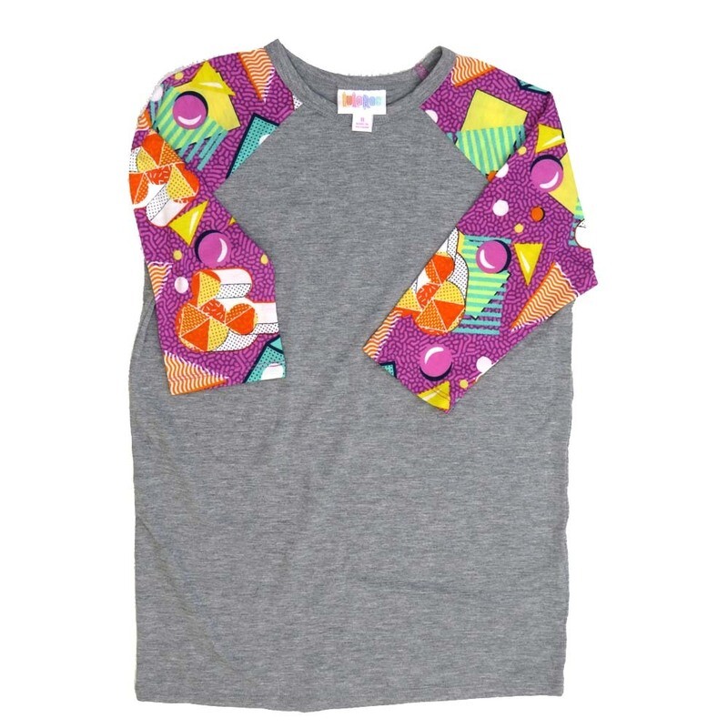 LuLaRoe Kids Sloan Size 08 (fits 7-8) Disney Solid Gray with 3D Mickey Mouse Polka Dot Sleeves Unisex Baseball Raglan Tee SLOAN-08-J