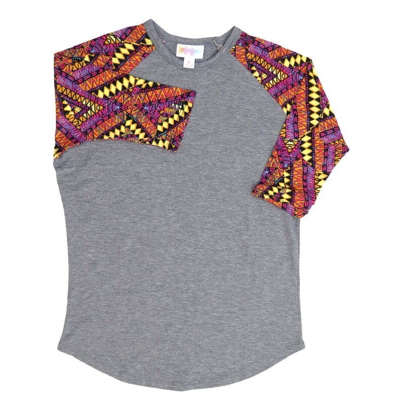 LuLaRoe Kids Sloan Size 08 (fits 7-8) Solid Gray with Black Green Yellow Blue Orange Geometric Sleeves Unisex Baseball Raglan Tee SLOAN-08-G