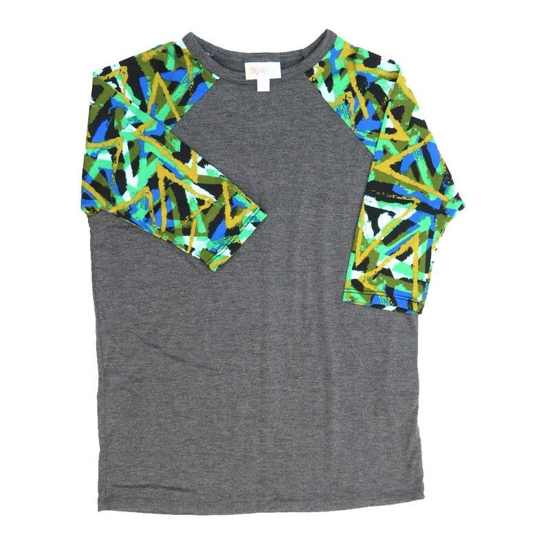 LuLaRoe Kids Sloan Size 08 (fits 7-8) Solid Gray with Multicolor Sleeves Unisex Baseball Raglan Tee SLOAN-08-E1
